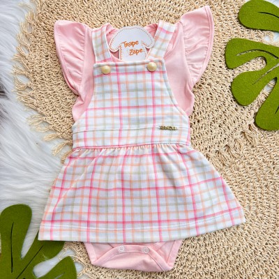 Conj. Body Manga Curta e Salopete Xadrez - Rosa